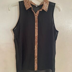 Leopard Trim Black Sleeveless Top